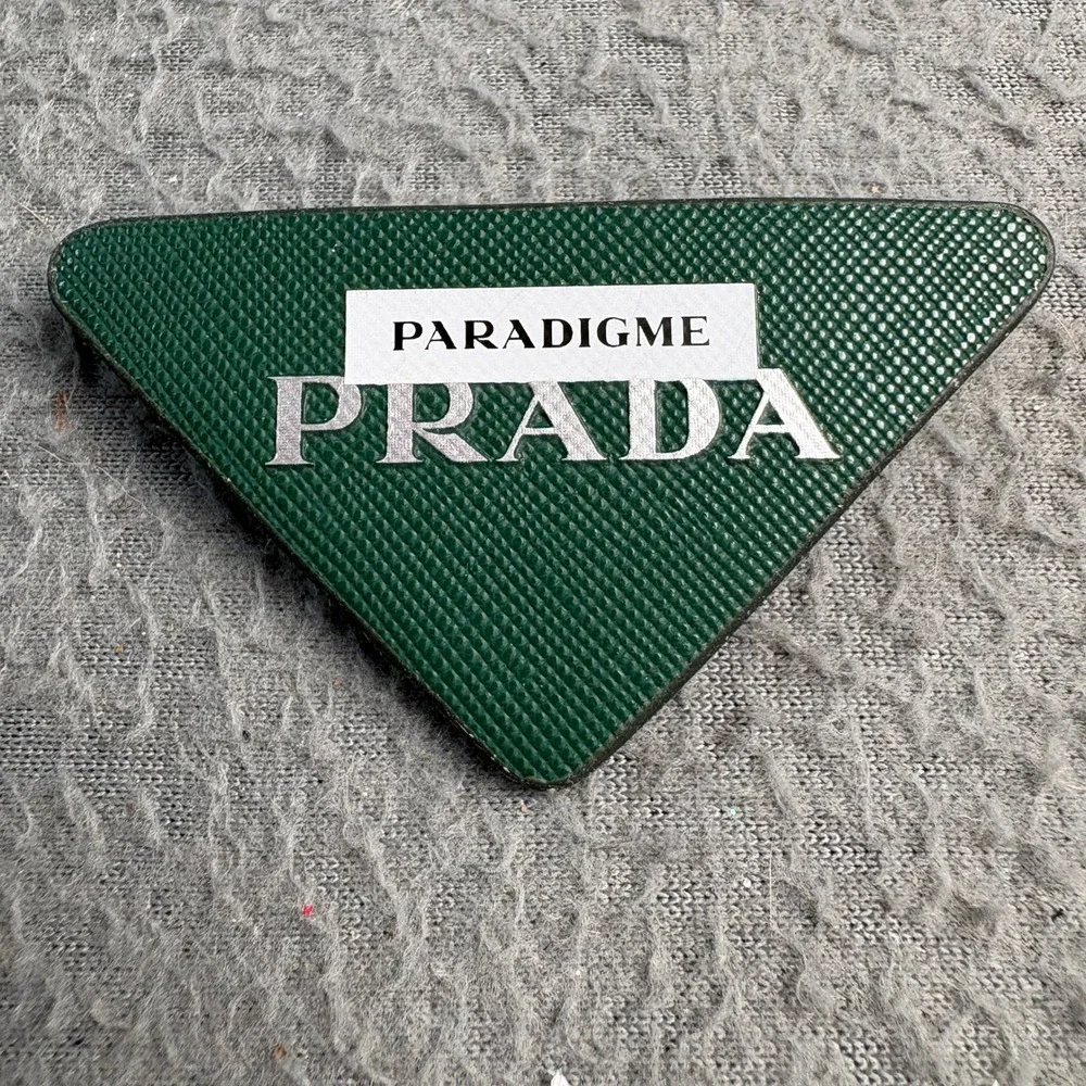 Prada Paradigme Triangle Logo Brooch Pin Green Saffiano Leather VIP Novelty